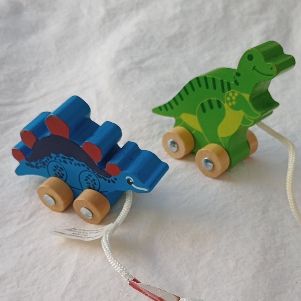 Blue and Green Wooden Dinosaur Pull-Along Vehicles Imagination Play Playtime Fun